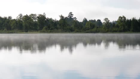 morning fog hovering over calm lake - smoke on the water and trees in background