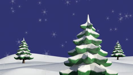 Animation-of-snow-falling-over-fir-trees-and-winter-landscape