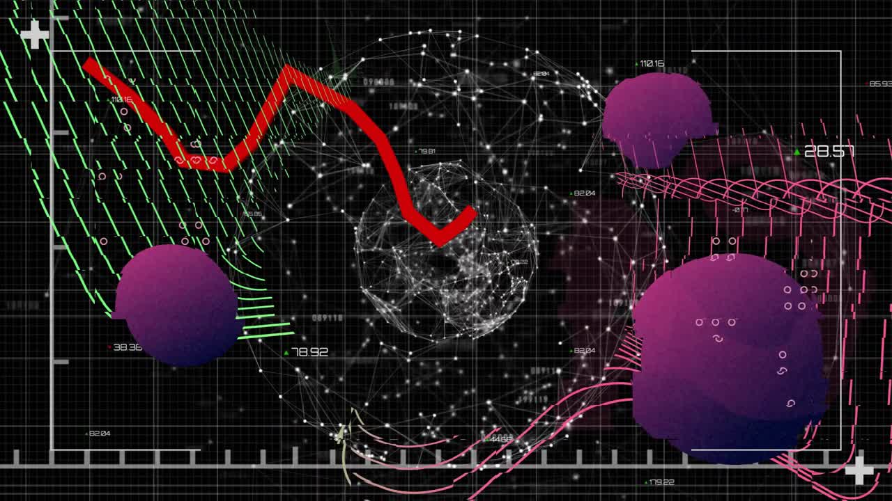 Abstract 3D data visualization showing network sphere pulsing on grid with red zigzag line weaving