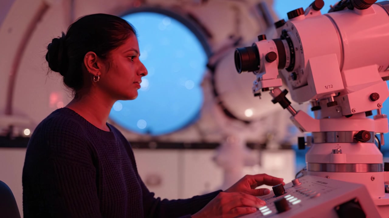 Focused Astronomer Operates Telescope in High-Tech Observatory, Illuminated by Soft Blue and Red Lighting, Capturing the Essence of Cosmic Exploration and Observation