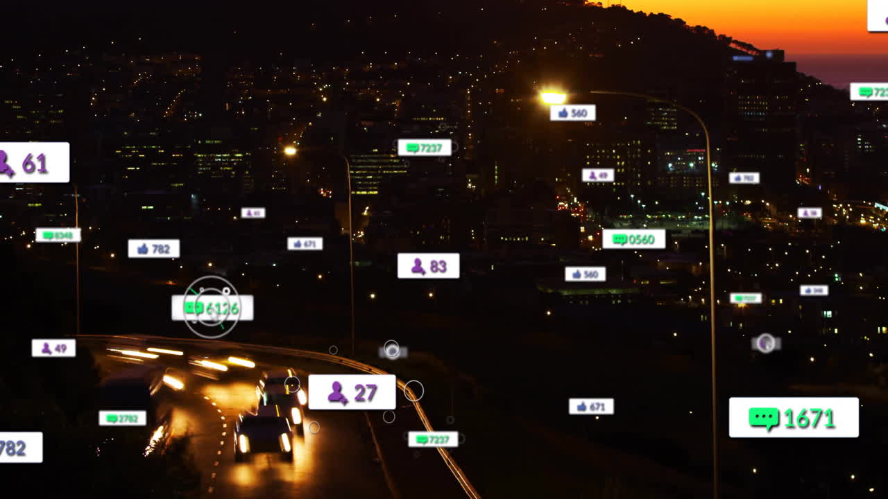 거리에서 차 위에 숫자를 가진 소셜 미디어 아이콘의 애니메이션