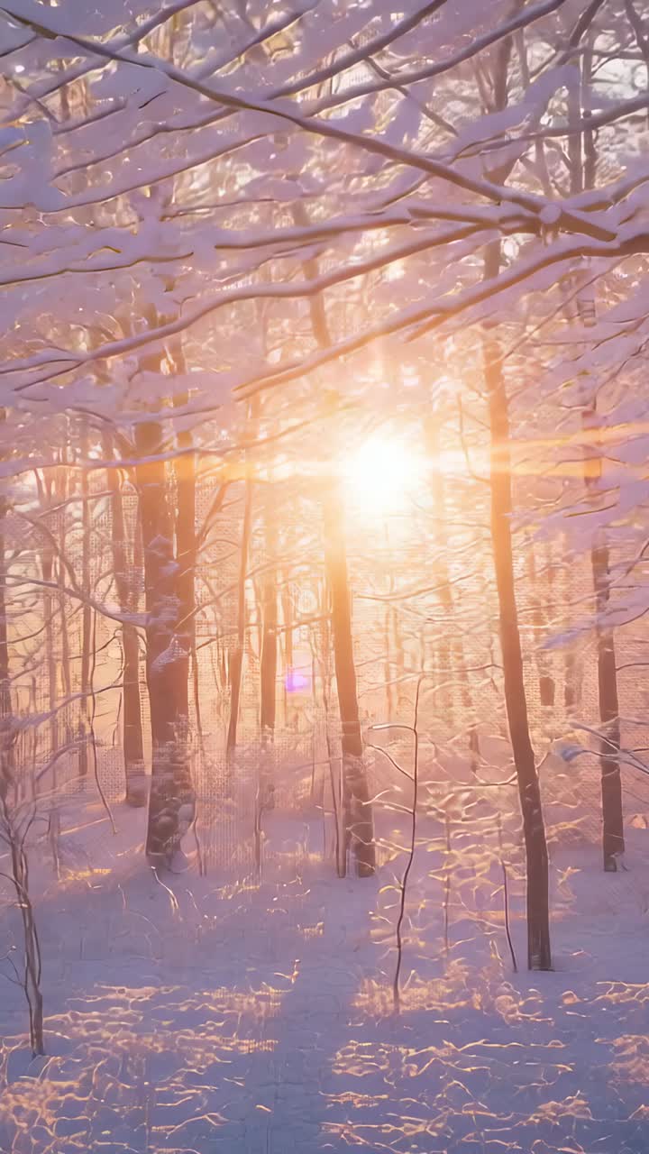 Vertical video: Rising sun casting shafts lens flares in snowy woods, glistening branches, ground