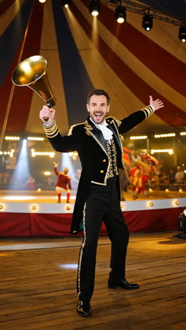 energetic ringmaster in grand costume at a circus performance