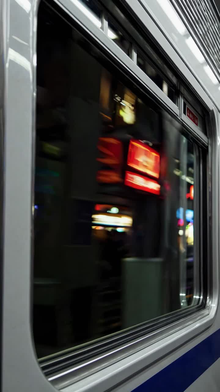 Dynamic urban scene captured from a low-angle, showing a train window with blurred city lights
