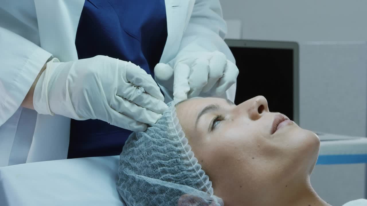 Medical pro adjusting hair net and swabbing forehead with gauze while purple swirls appearing prep