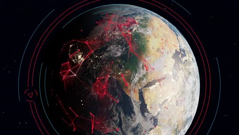 earth globe view from the space with electromagnetic pollution field connection internet between city and light pollution 3d rendering animation