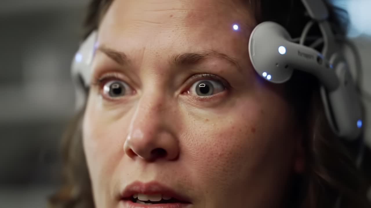 A Woman Engaged in an Innovative Brain-Computer Interface Experiment with High-Tech Sensors Simulating Cognitive and Emotional Responses, Showcasing Fascination and Curiosity