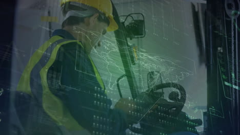 animación del procesamiento de datos sobre un trabajador masculino que utiliza una tableta digital en una carretilla elevadora en un almacén