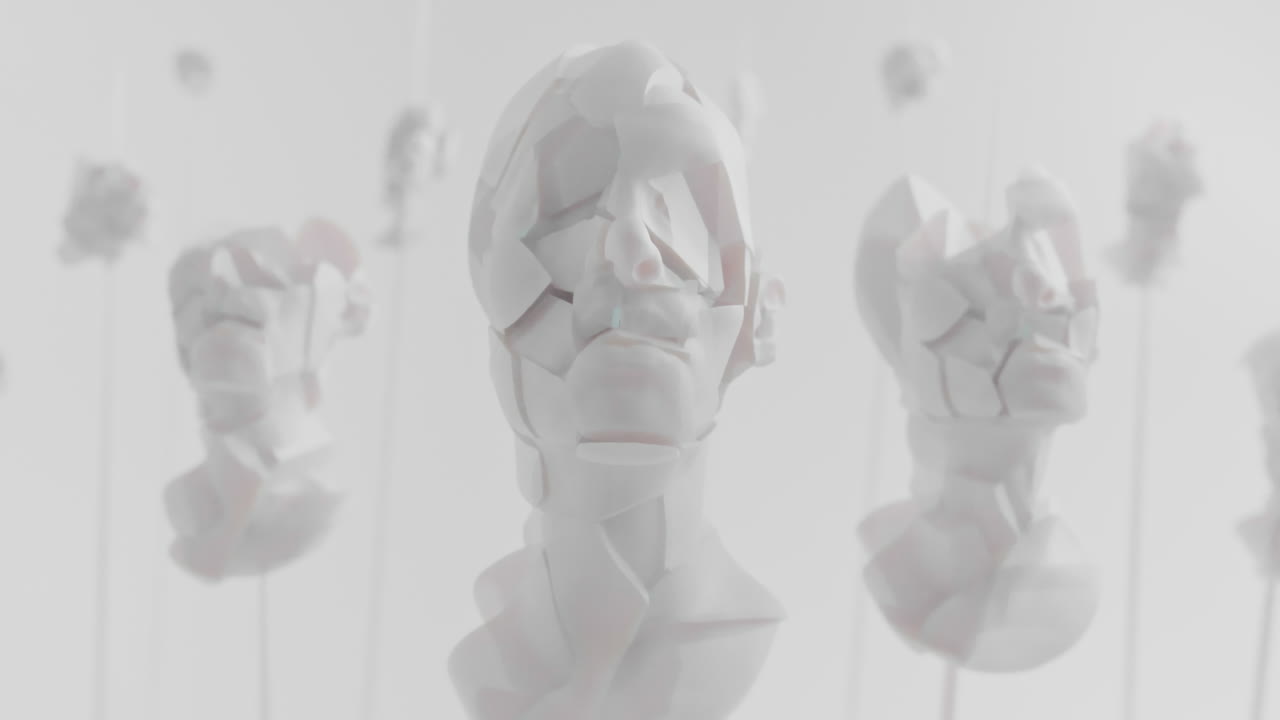 Multiple crushed android heads on spikes in white space