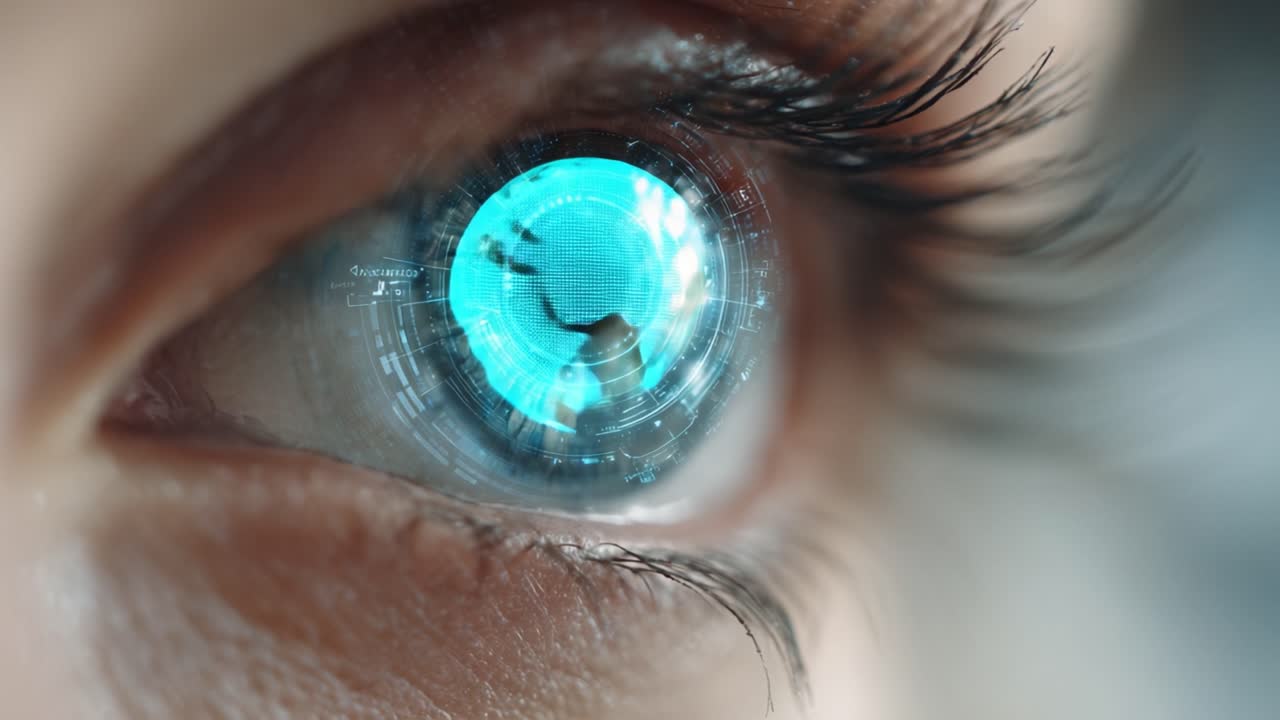 Esplorando le Profondità dell'Occhio: Un Viaggio Futuristico Attraverso la Tecnologia e l'Immaginazione, Caratterizzato da Interfacce Digitali e una Prospettiva Globale