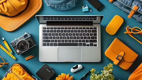 travel and tech essentials flat lay on blue background