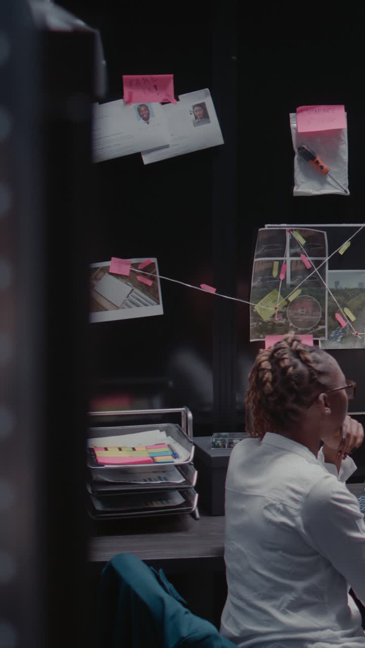 Vertical video: Law enforcement agent reading archive records at desk