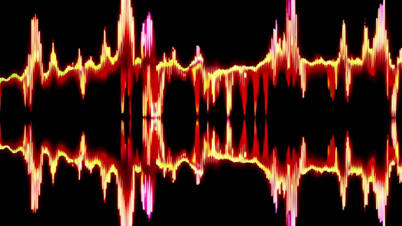 Dynamisk lydbølgevisualisering i livlige farger, sett fra en sidevinkel