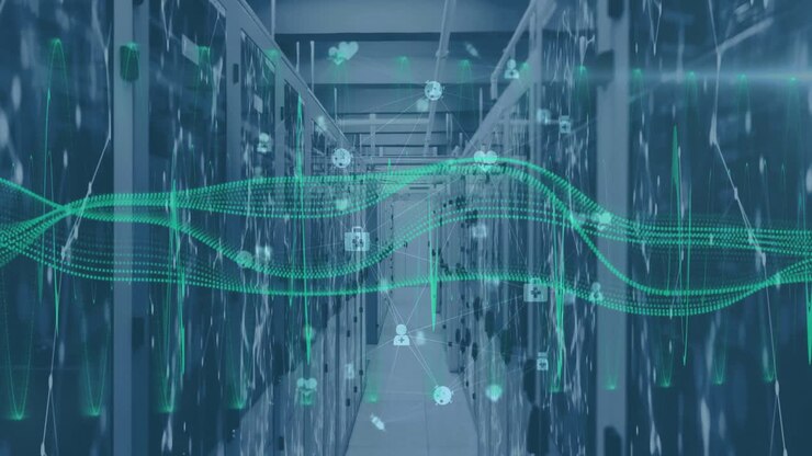 Animation of medical icons and shapes over server room