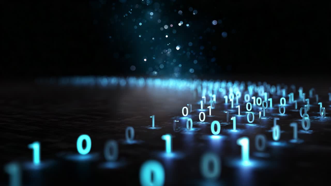 A dynamic representation of a digital landscape illuminated by glowing blue binary code, showcasing the fluidity of data as it flows across a dark, textured surface, creating an immersive tech-inspired atmosphere