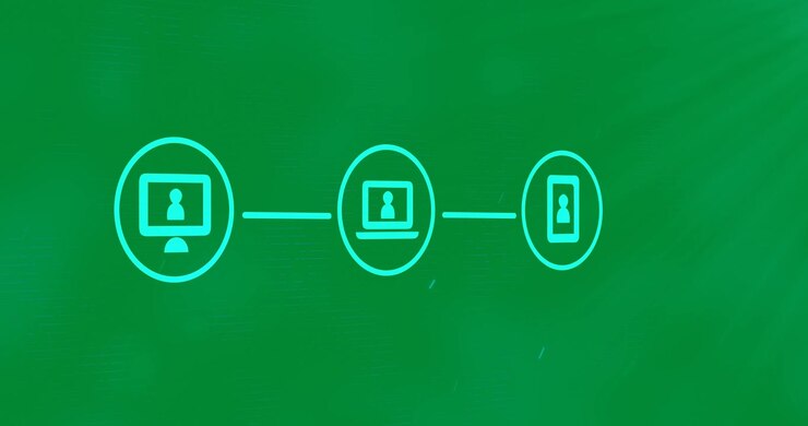 Animation of three green digital icons with computer interface on glowing blue background