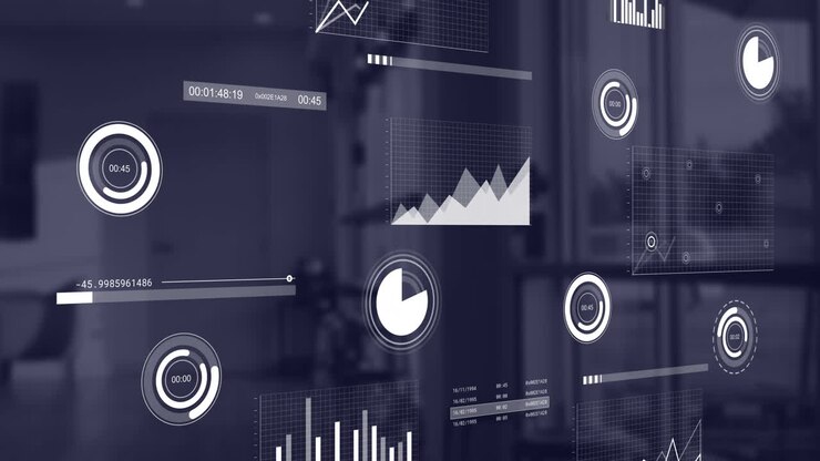 Animation of financial data processing over empty office