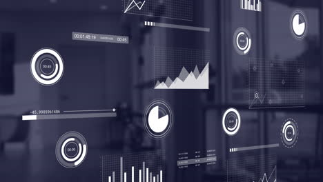 animation of financial data processing over empty office