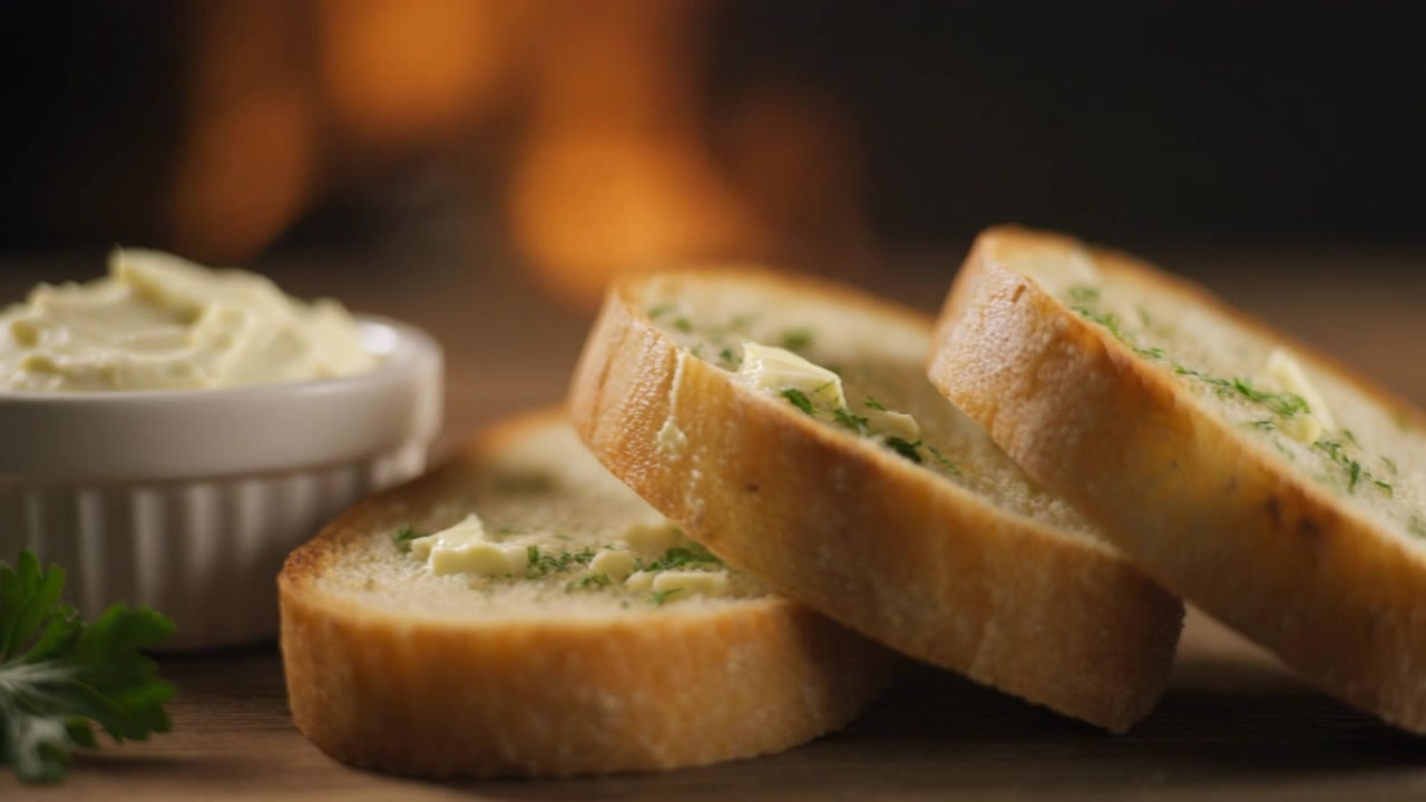 Slices of Toasted Bread with Herb Butter and Dip