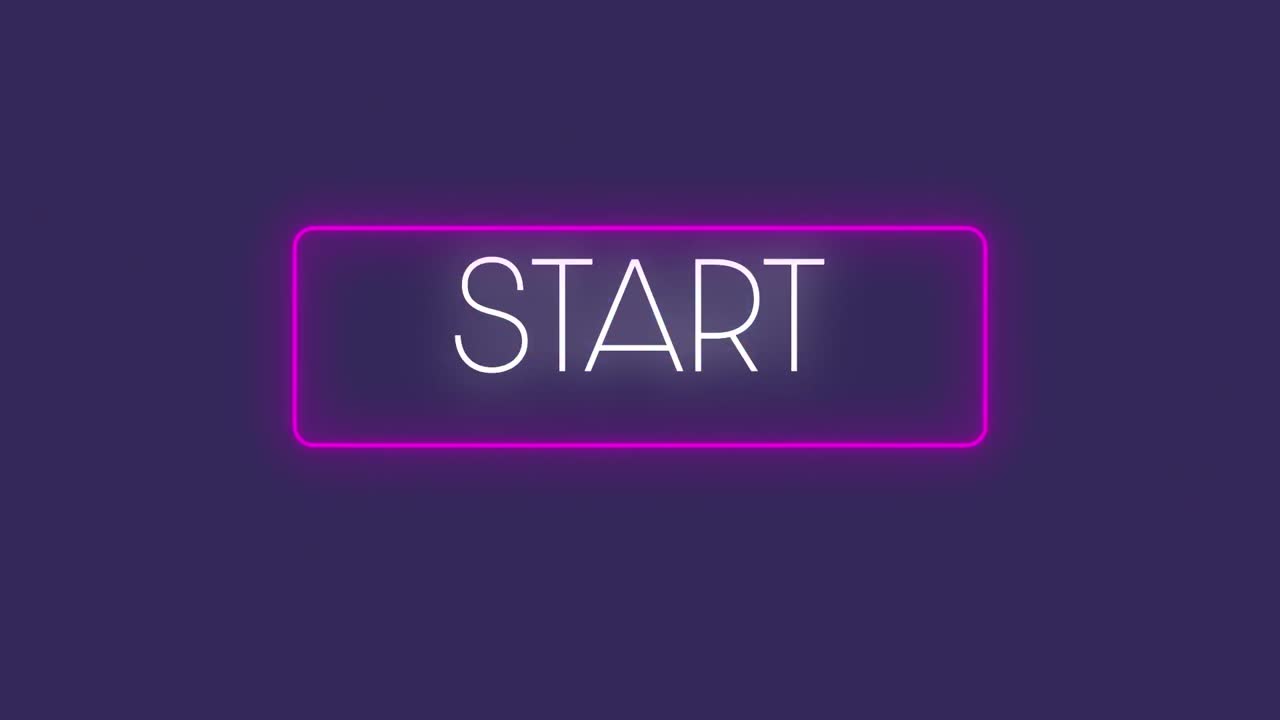 Animation of neon start text in frame on purple background