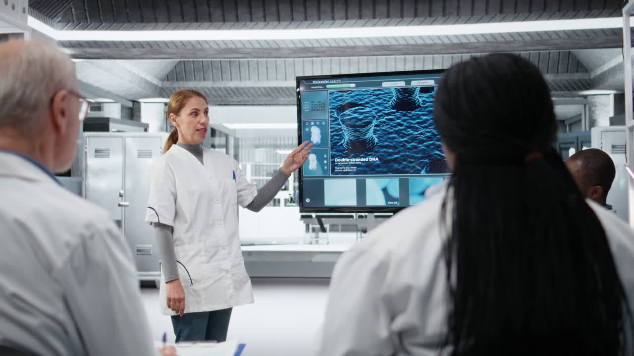 Professore universitario di medicina tiene un seminario sulla biologia cellulare avanzata per studenti