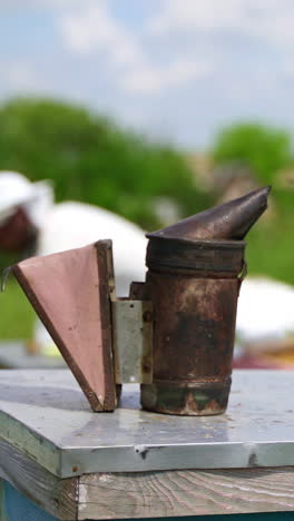 hives of bees in apiary. close up of chimney for flashing bees