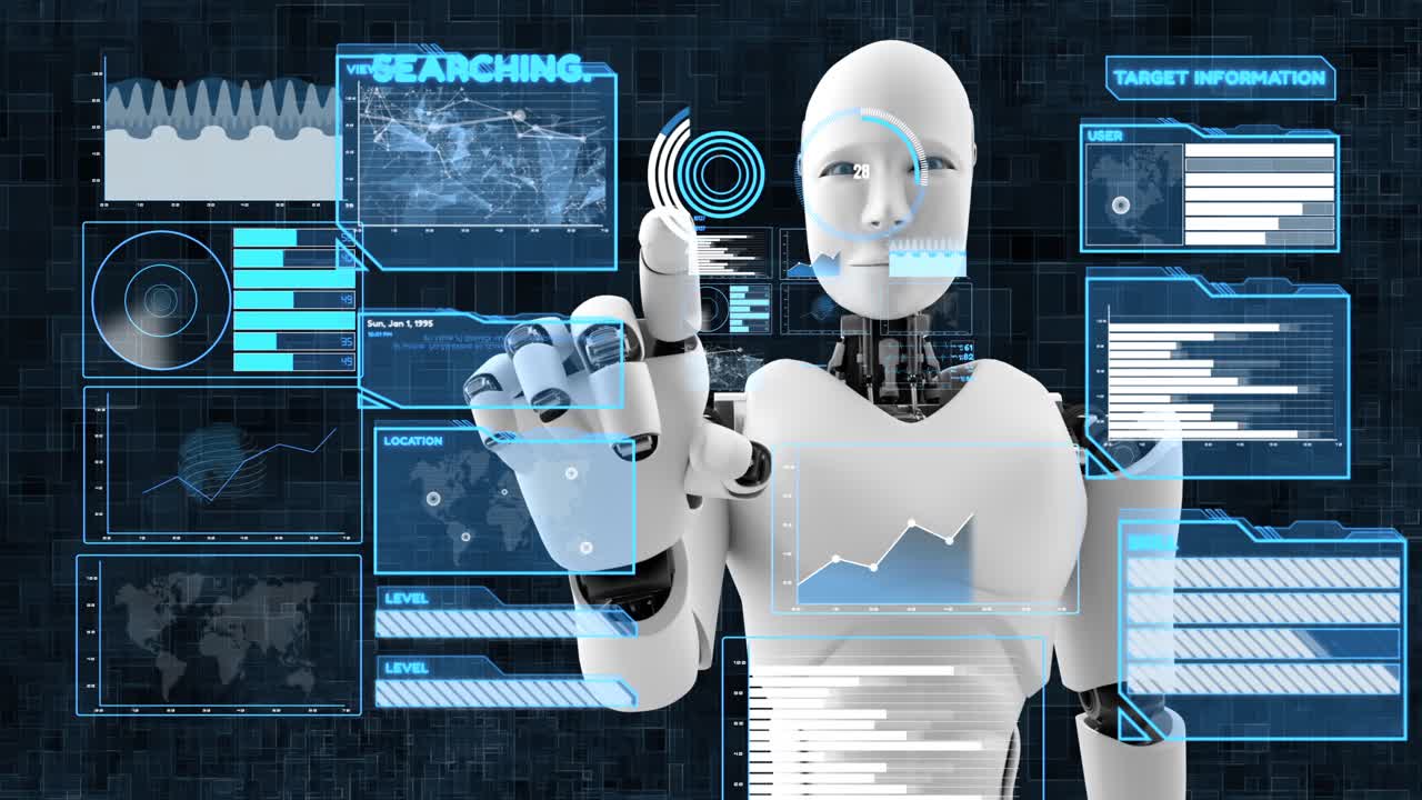 Robot futuristico, intelligenza artificiale CGI analisi e programmazione di big data