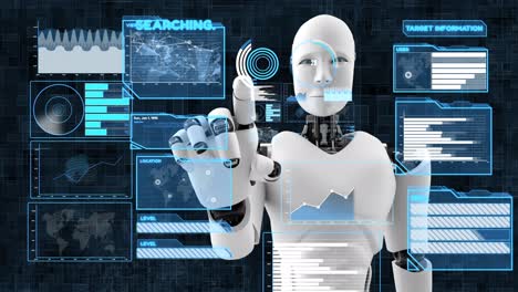 futuristic robot, artificial intelligence cgi big data analytics and programming