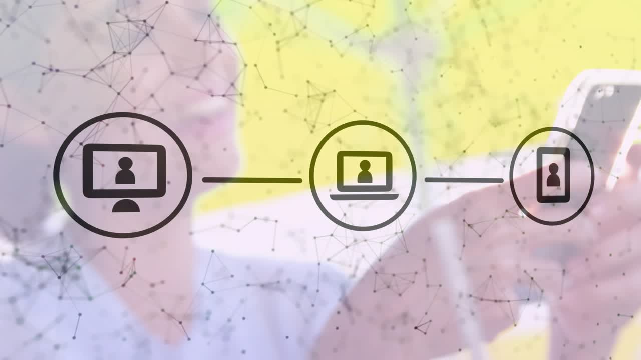 Sitting woman tapping phone, causing device icons to appear and form connected chain for tech