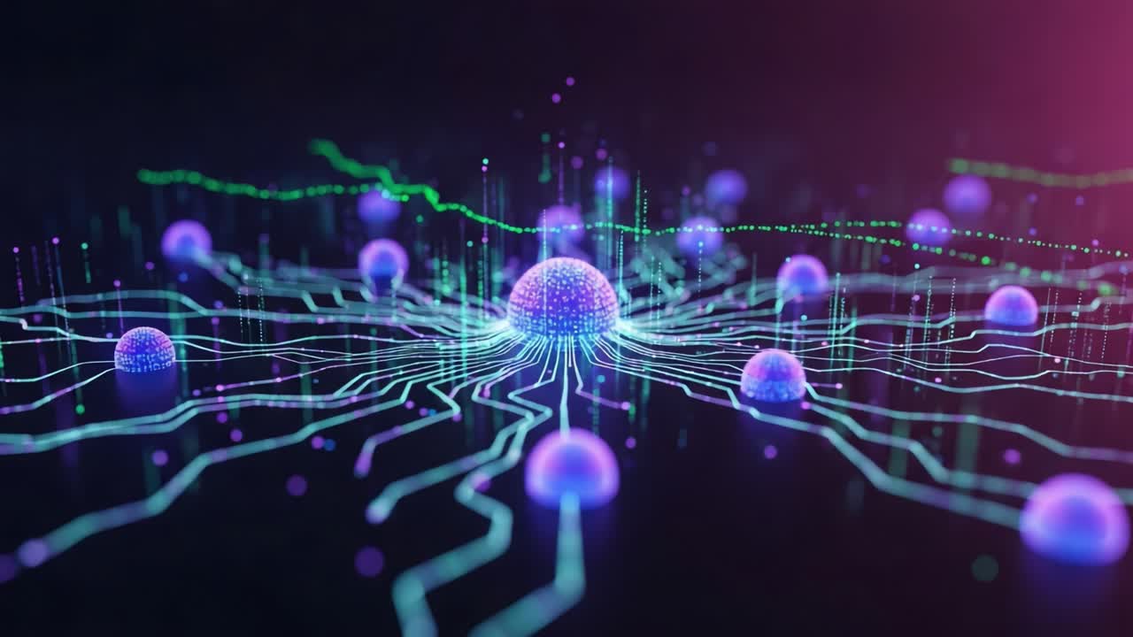 Illuminated Network of Spheres: A Stunning Visualization of Digital Connectivity and Flow, Showcasing Vibrant Colors and Intricate Patterns in a Futuristic Landscape