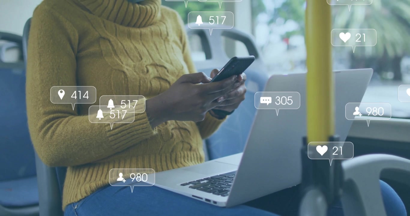 Middle-aged woman tapping smartphone scrolling social media on bus with notification icons changing