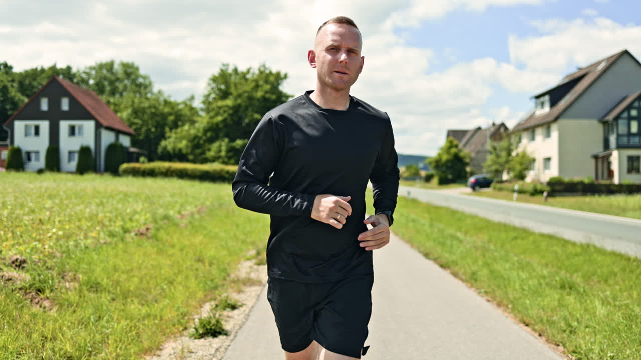 Homem atleta corredor treinando na estrada, fazendo exercícios ao ar livre no verão. Rapaz de shorts e camiseta em sua corrida matinal. Estilo de vida ativo.
