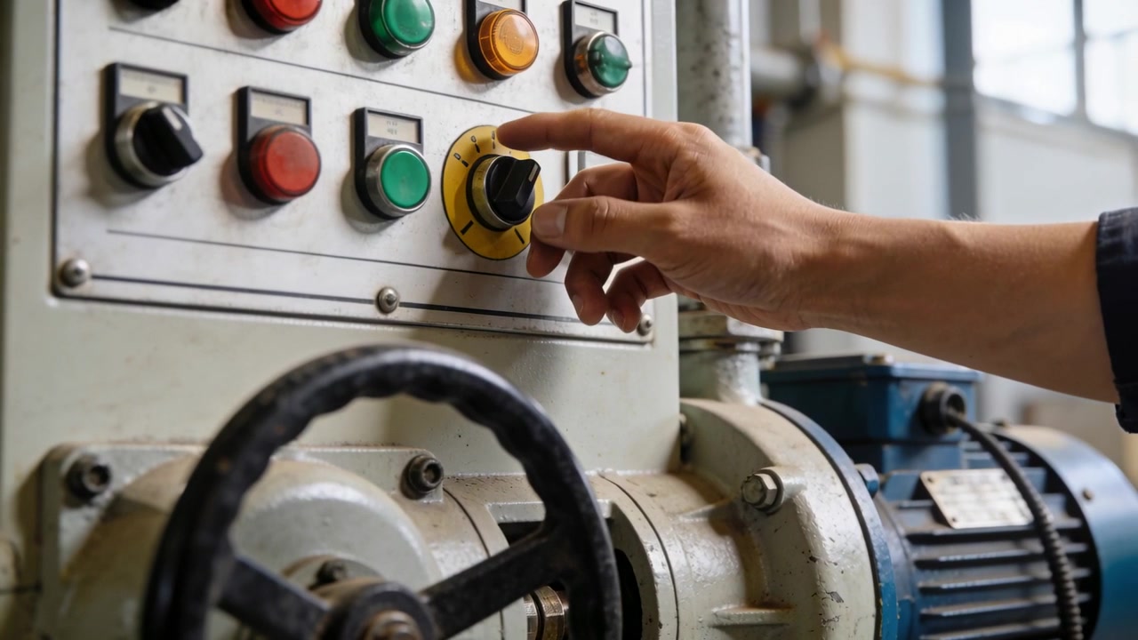 Mano destra di un tecnico con i polsini arrotolati che raggiunge un pannello, girando una manopola gialla per sintonizzare una macchina in officina.