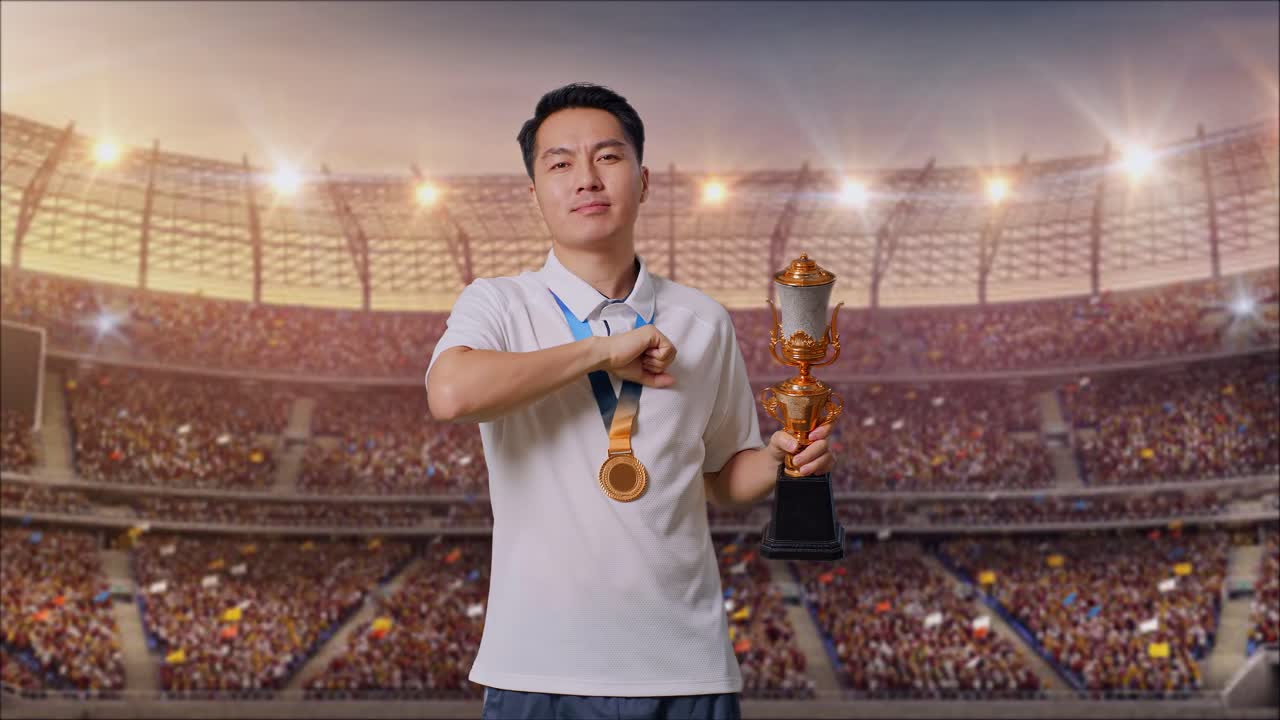 금메달과 트로피를 들고 있는 아시아인 남자가 가을 만지고 웃으며 카메라를 가리키며 경기장에서 자부심을 느다.