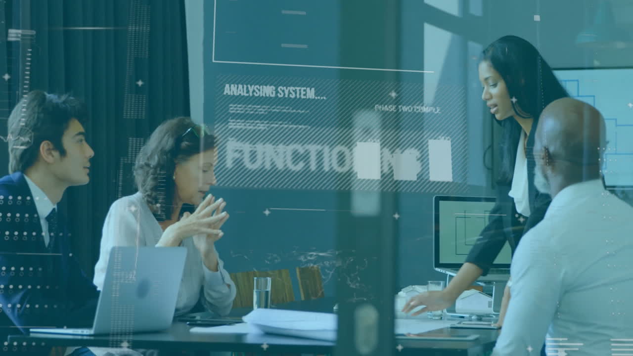 animación de procesamiento de datos y diagramas sobre diversos colegas discutiendo el trabajo en la oficina