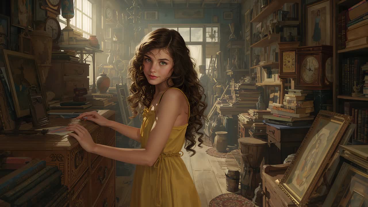 Mulher sendo desenhada pela luz do sol, vestindo um vestido mostarda, virando-se e olhando para a câmera em um balcão entalhado de uma loja de antiguidades