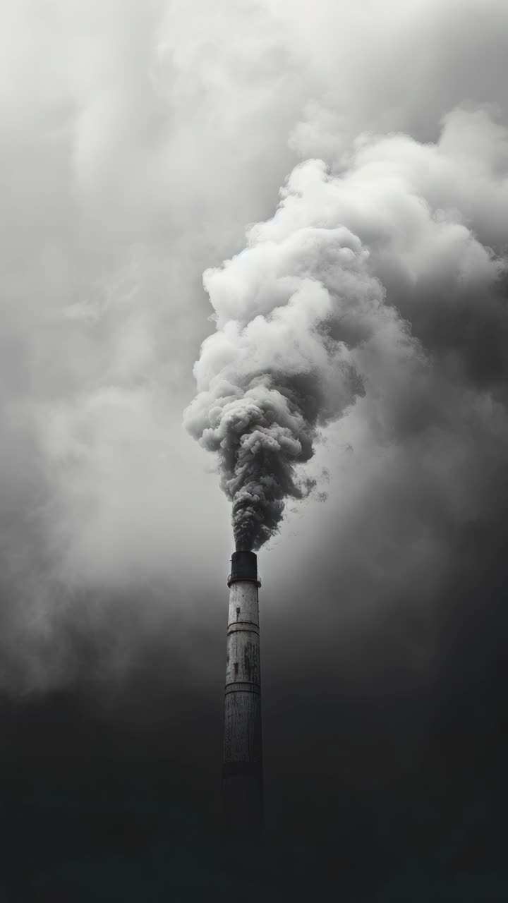 Dramatic upward angle of a smokestack releasing thick clouds, captured in moody grayscale