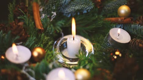 christmas wreath decorated, the background is slightly blurred