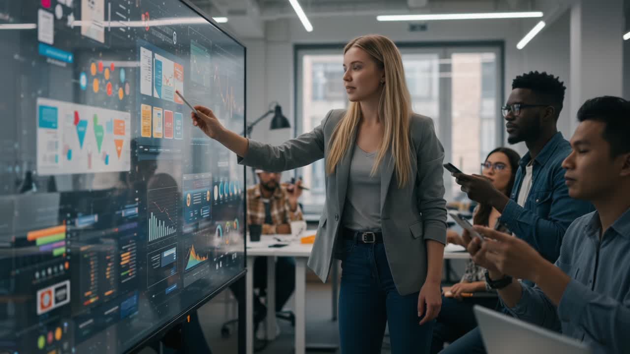 Professional Team Engaging in Data Analysis and Presentation in a Modern Office Setting, Showcasing High-Tech Interactive Displays and Collaborative Work Dynamics
