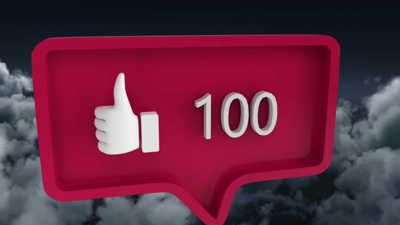Animation of speech bubble with numbers and like icon over clouds