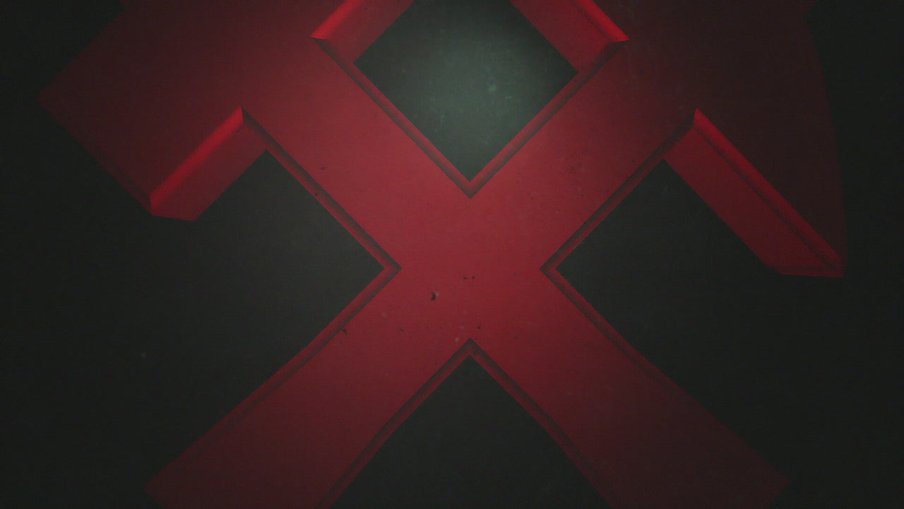 3d martillo rojo y pico, acercándose a través de una atmósfera gruesa y sucia, rotación 3d suave, luz parpadeante dramática, aspecto y sensación realistas, animación en cámara lenta 4k, símbolo de la minería