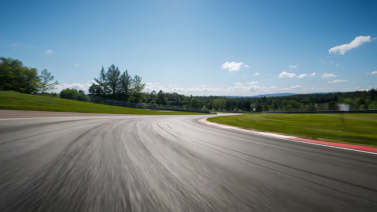 Starting recording camera rolling asphalt entering right bend, showing runoff, guardrail, trees