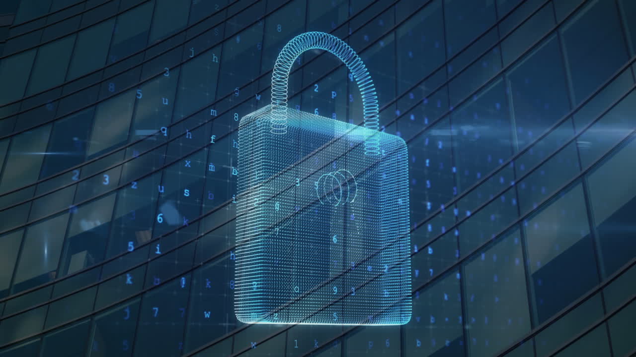 Animation of security padlock over cityscape