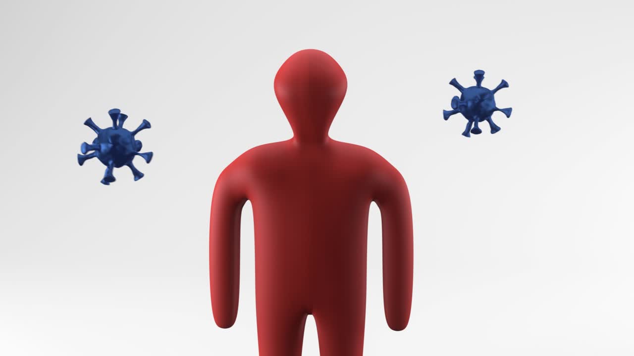 Viruses are flying around the human figure on a white background. The concept of infection. 3D render.
