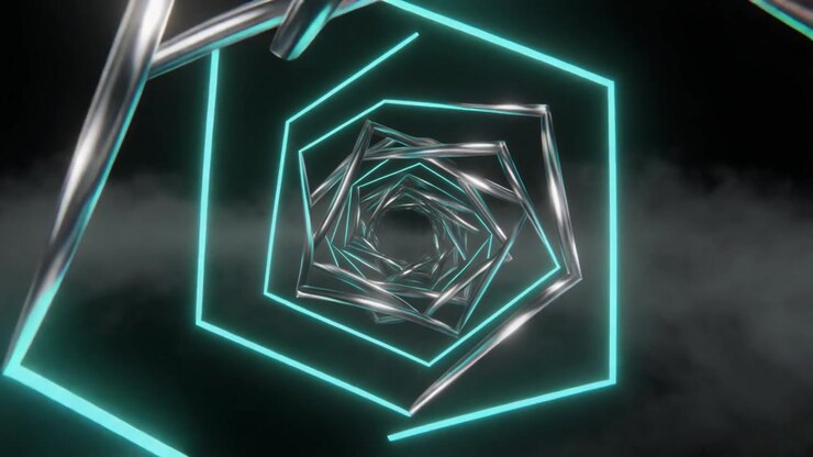 Abstract Tunnel of Rotating Metallic Hexagons with Neon Light