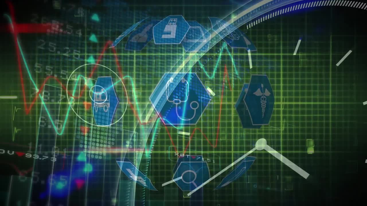 검은색 배경에 시계가 있는 데이터 처리를 통해 의료 아이콘의 애니메이션.