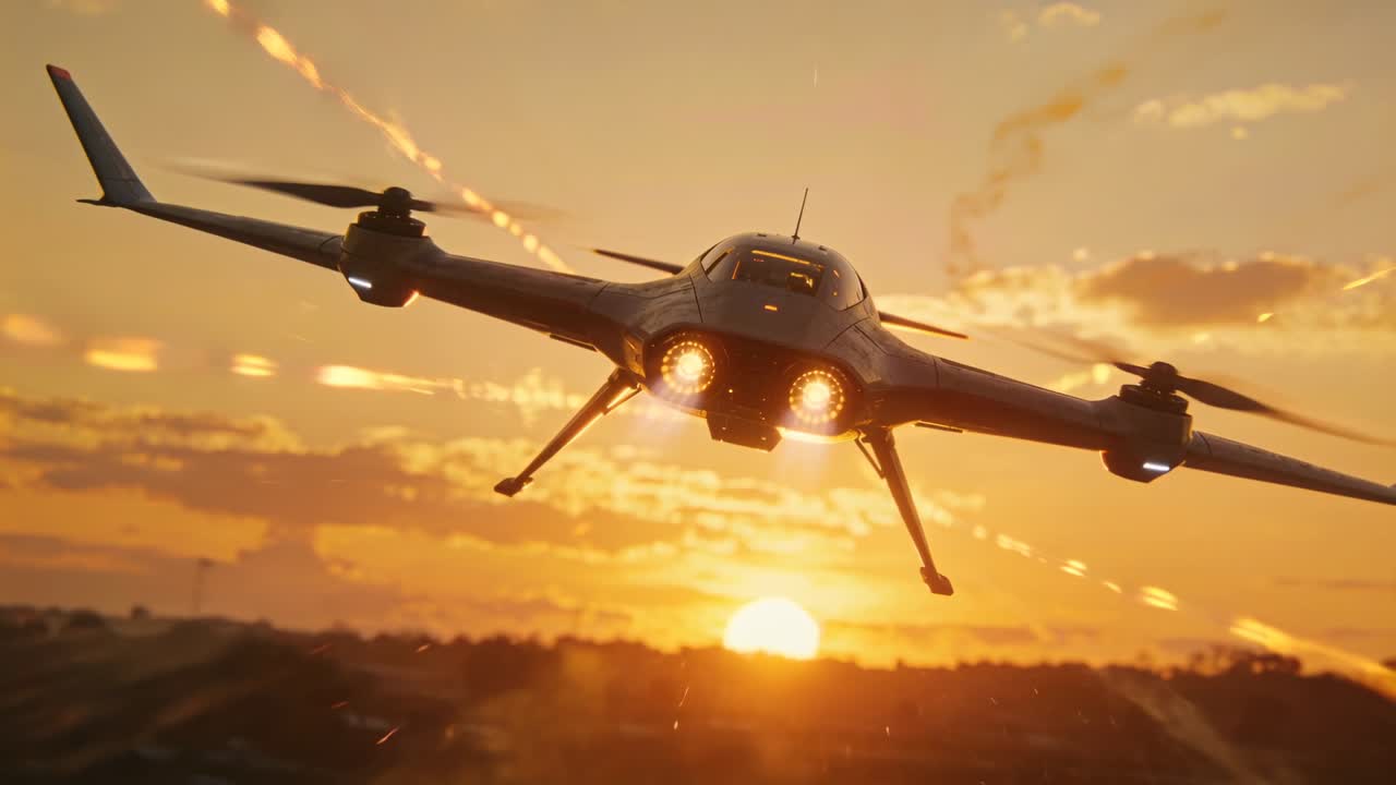 UAV in avvicinamento che abbassa il muso e aumenta il bagliore dello scarico posteriore mentre il sole si avvicina all'orizzonte, con la telecamera che lo segue.