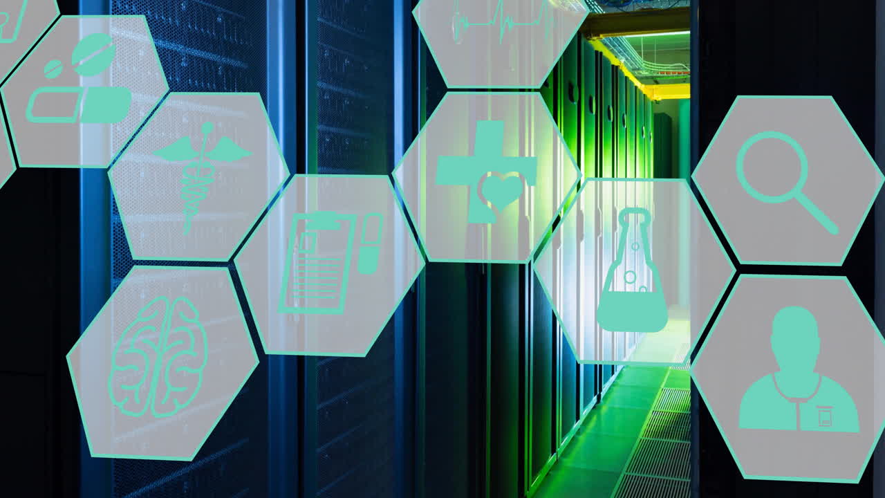 Animation of digital medical icons and data processing over computer servers