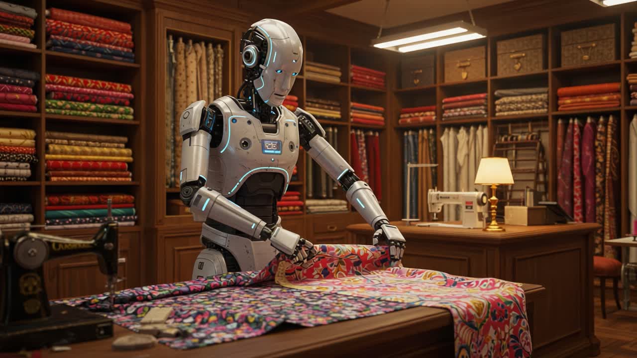 A Smart Robotic Tailor Skillfully Prepares Colorful Fabrics in a Vintage Sewing Shop Filled with Threads and Patterns, Showcasing Advanced Technology in Craftsmanship