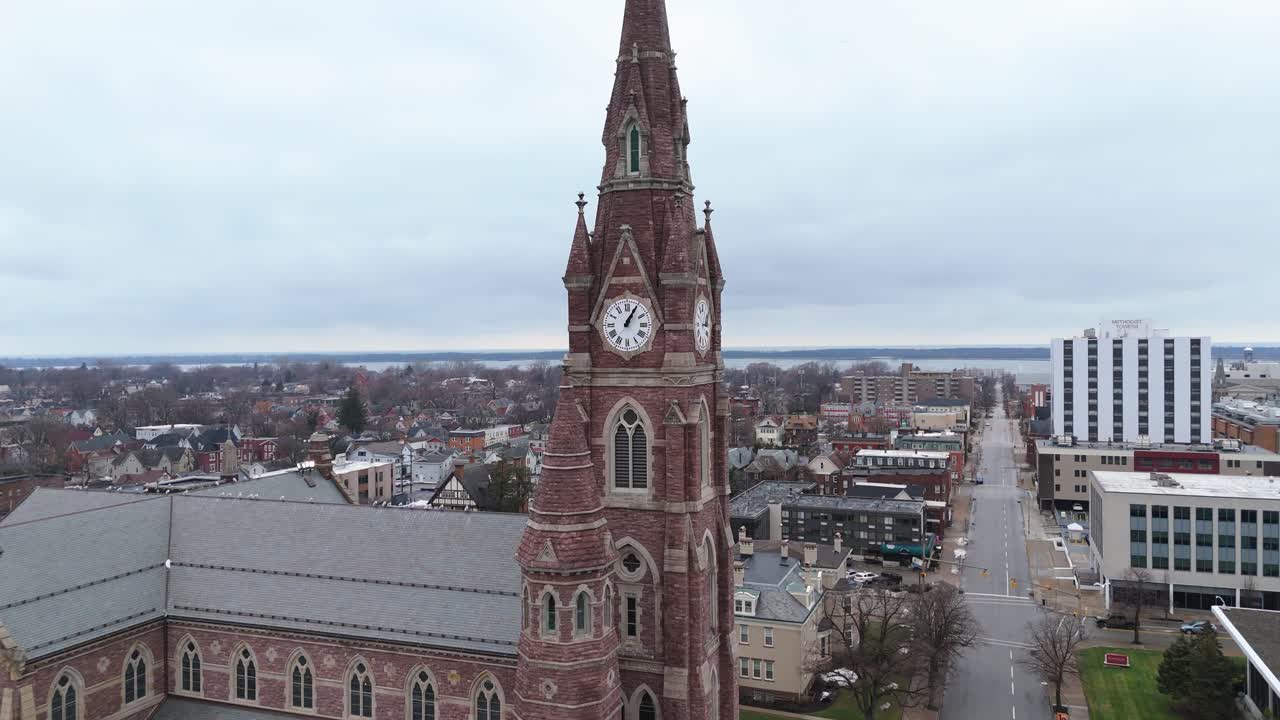 Aerial rotating around St. Peter's Cathedral in Downtown Erie, Pennsylvania.